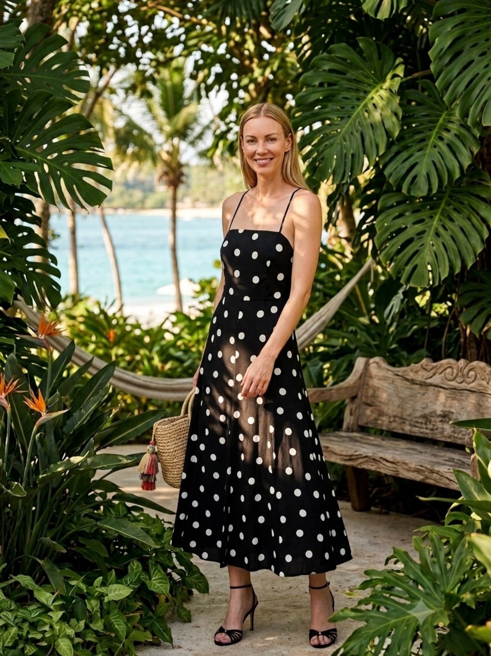 Mango Black Polka Dot Spaghetti Strap Dress